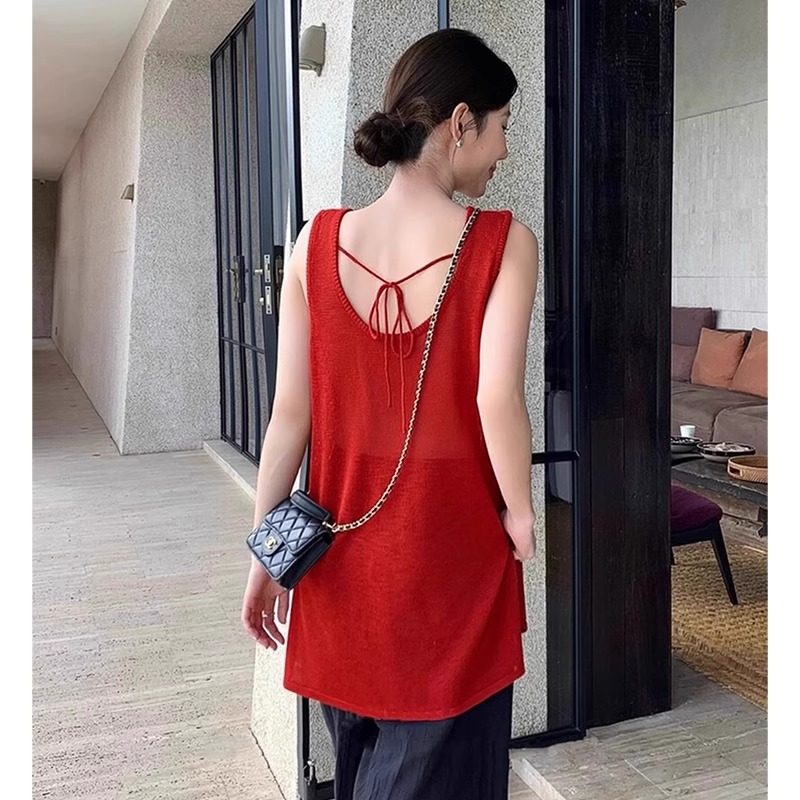 红色露背针织吊带背心裙女夏季中长款叠穿外搭冰丝罩衫无袖上衣薄