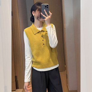韩系黄色polo领针织马甲背心女春秋外搭叠穿无袖毛衣短款坎肩上衣
