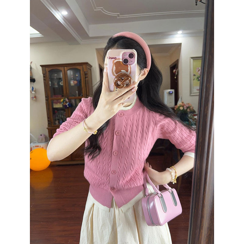 法式粉色麻花长袖毛衣针织开衫女秋季薄款修身外搭慵懒风外套上衣