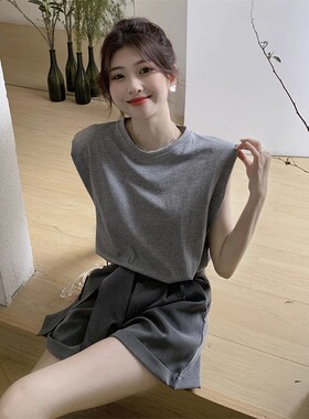 复古灰色无袖宽松圆领背心T恤女夏季设计感别致垫肩显瘦辣妹上衣