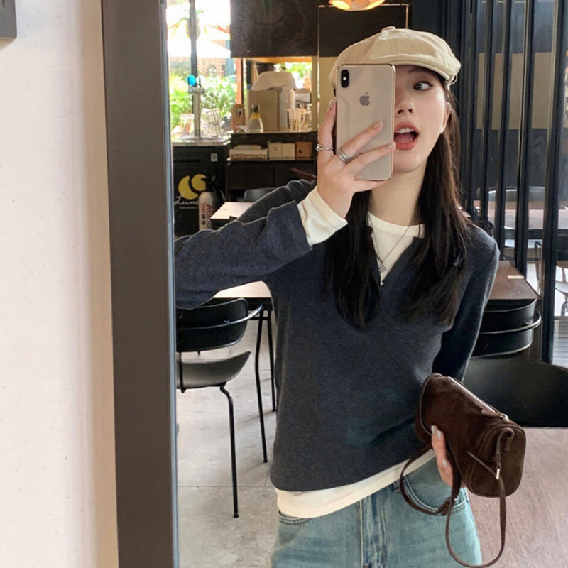韩系灰色假两件v领针织衫女秋冬绝美巨好看修身小内搭打底衫上衣