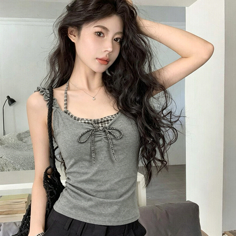 辣妹灰色假两件挂脖小吊带背心女夏季外穿设计感无袖美背内搭上衣