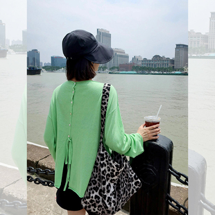 绿色天丝针织防晒罩衫女夏季设计感后背绑带长袖t恤外搭薄款上衣
