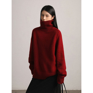 高级感复古红色高领毛衣女秋冬中长款慵懒宽松加厚针织衫内搭上衣