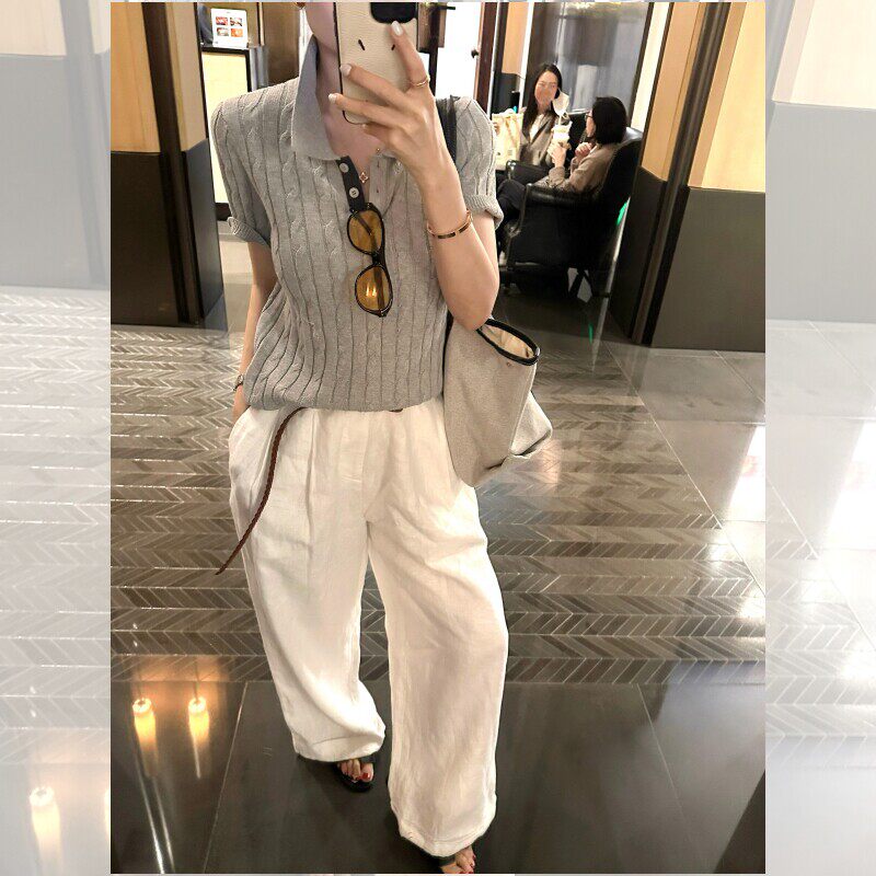 老钱风灰色麻花针织短袖polo衫女夏季高智感穿搭气质修身t恤上衣