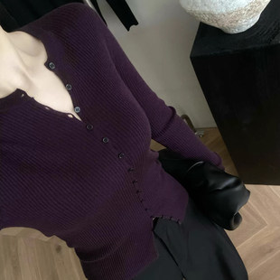 老钱风紫色v领针织衫女春秋穿搭高级感修身内搭打底开衫毛衣上衣