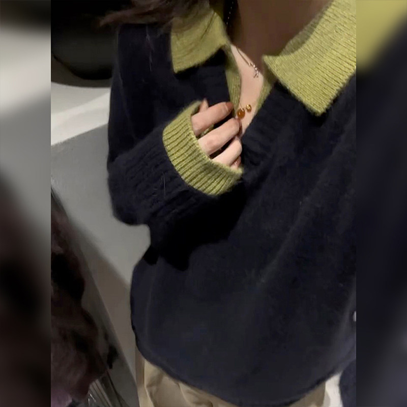 老钱风假两件翻领针织衫v领毛衣