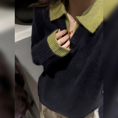 老钱风假两件翻领针织衫v领毛衣