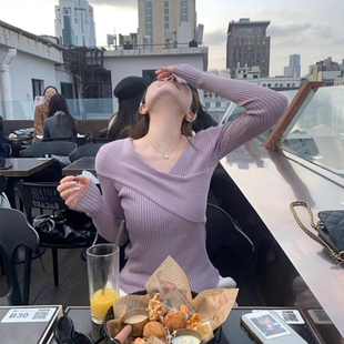 法式别致紫色交叉v领针织衫女秋冬绝美修身显瘦内搭打底毛衣上衣