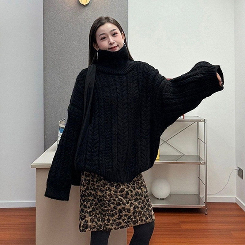 复古黑色重工高领麻花毛衣女秋冬慵懒风宽松加厚针织衫可外穿上衣