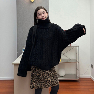 复古黑色重工高领麻花毛衣女秋冬慵懒风宽松加厚针织衫可外穿上衣