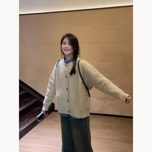 复古慵懒风圆领长袖针织开衫女早秋季薄款宽松外搭华夫格毛衣外套