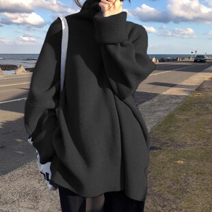 韩版宽松慵懒黑色高领中长款套头毛衣女秋冬设计感外穿打底针织衫