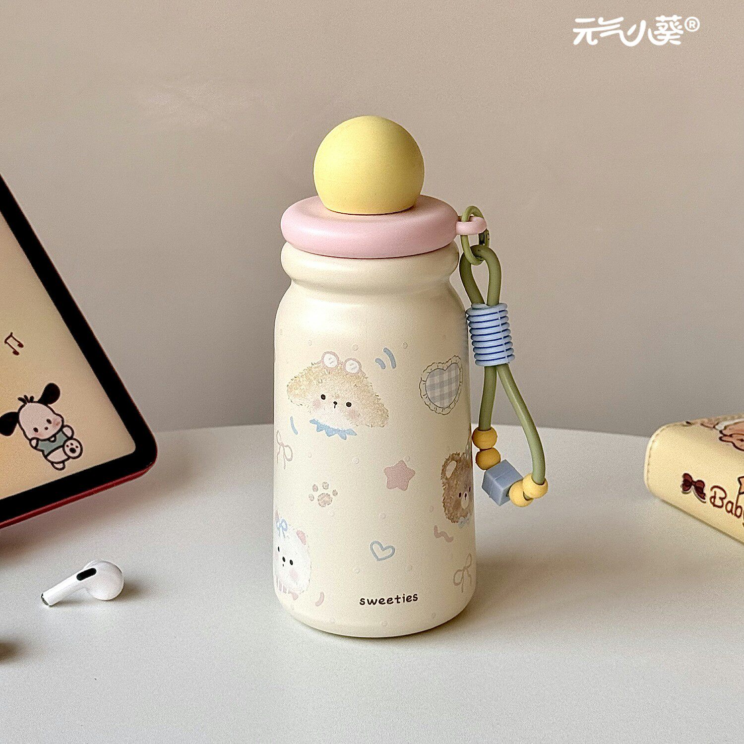 新款可爱小熊女生保温杯高颜值带提绳便携学生吸管水杯独立茶仓