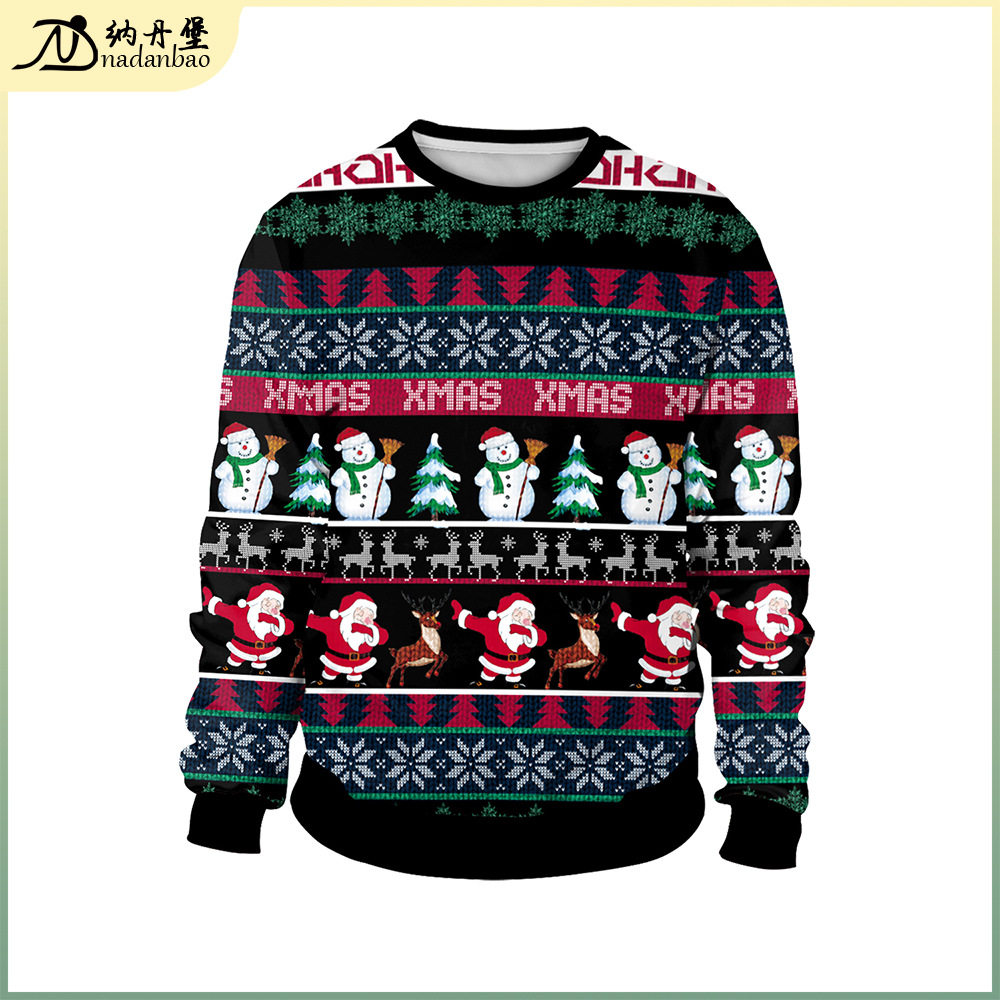 2024新款名族风圣节诞数码印花图案套头圆领圣诞情侣装卫衣