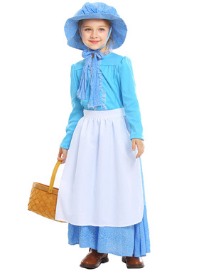 蓝色英国先锋女孩连衣裙 殖民时期开拓者农场cos角色扮演演出服装