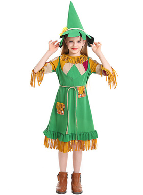 复活节万圣节儿童cosplay服绿色流苏女童木偶连衣裙稻草人连衣裙