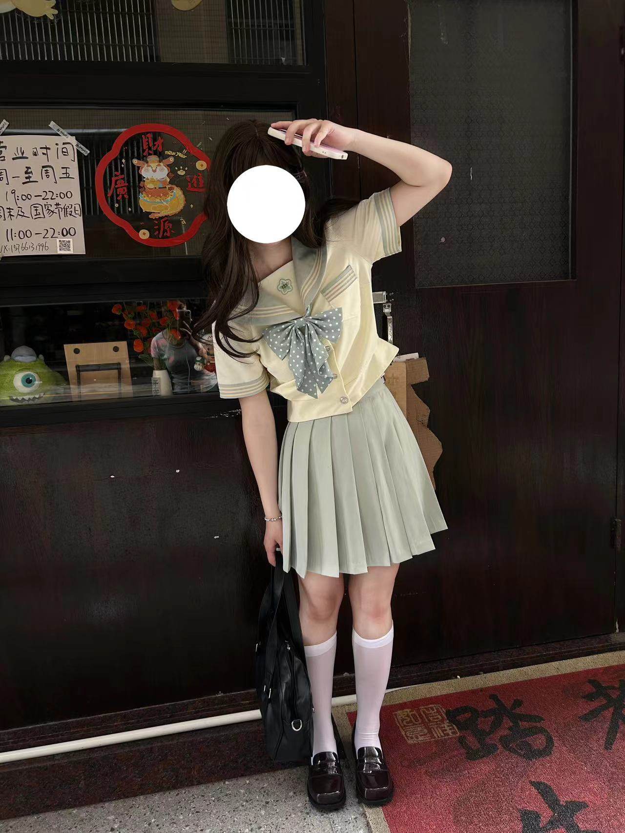 张不烦原创【夏至】薄荷绿JK制服套装女夏季学院风百褶裙两件套