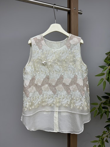 名品港高端欧货100桑蚕丝刺绣背心女圆领拼接后开衩套头马甲上衣