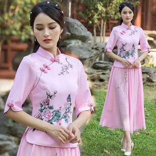 女士新款旗袍上衣时尚大码女装唐装两件套中国风改良汉服表演套装