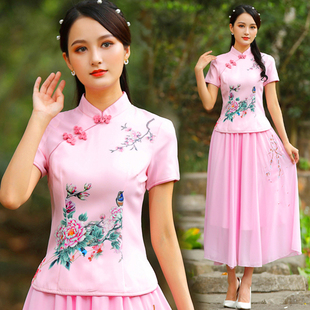 时尚少女装民族风中式汉服套装复古唐装旗袍上衣茶艺表演服两件套