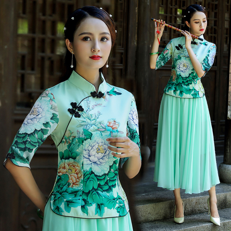 春夏新款女士唐装上衣中国风修身改良旗袍两件套大码中式汉服套装