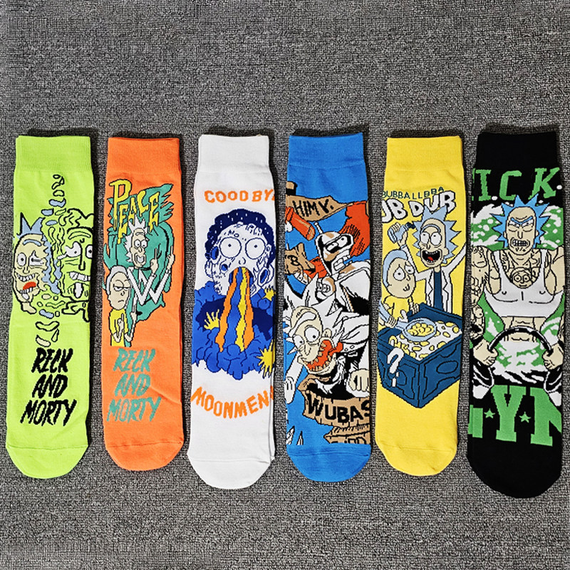 彩色薄欧美脑洞周边荧光卡通瑞克和莫蒂休闲男女情侣中长筒棉袜子