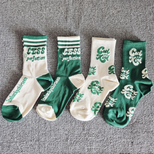 秋季 字母复古男女条纹学院风长筒棉 ins港风潮流中筒袜子绿色美式