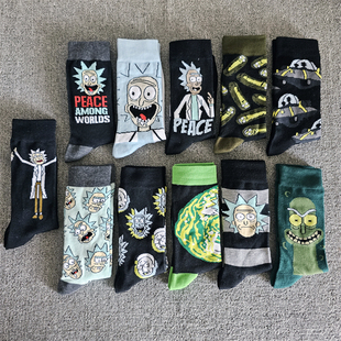 外贸棉袜子高帮瑞克和莫蒂欧美卡通男女搞怪中长筒腌黄瓜滑板薄款