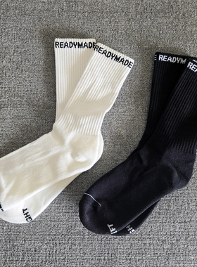 日系READY黑白纯色加厚毛巾底运动棉袜子秋冬情侣百搭中长筒潮流