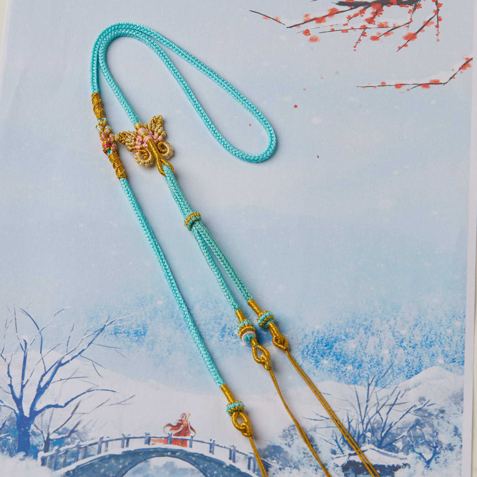 手工编织桃花蝴蝶结项链绳八股编侧挂横穿吊坠挂绳黄金佛牌挂件