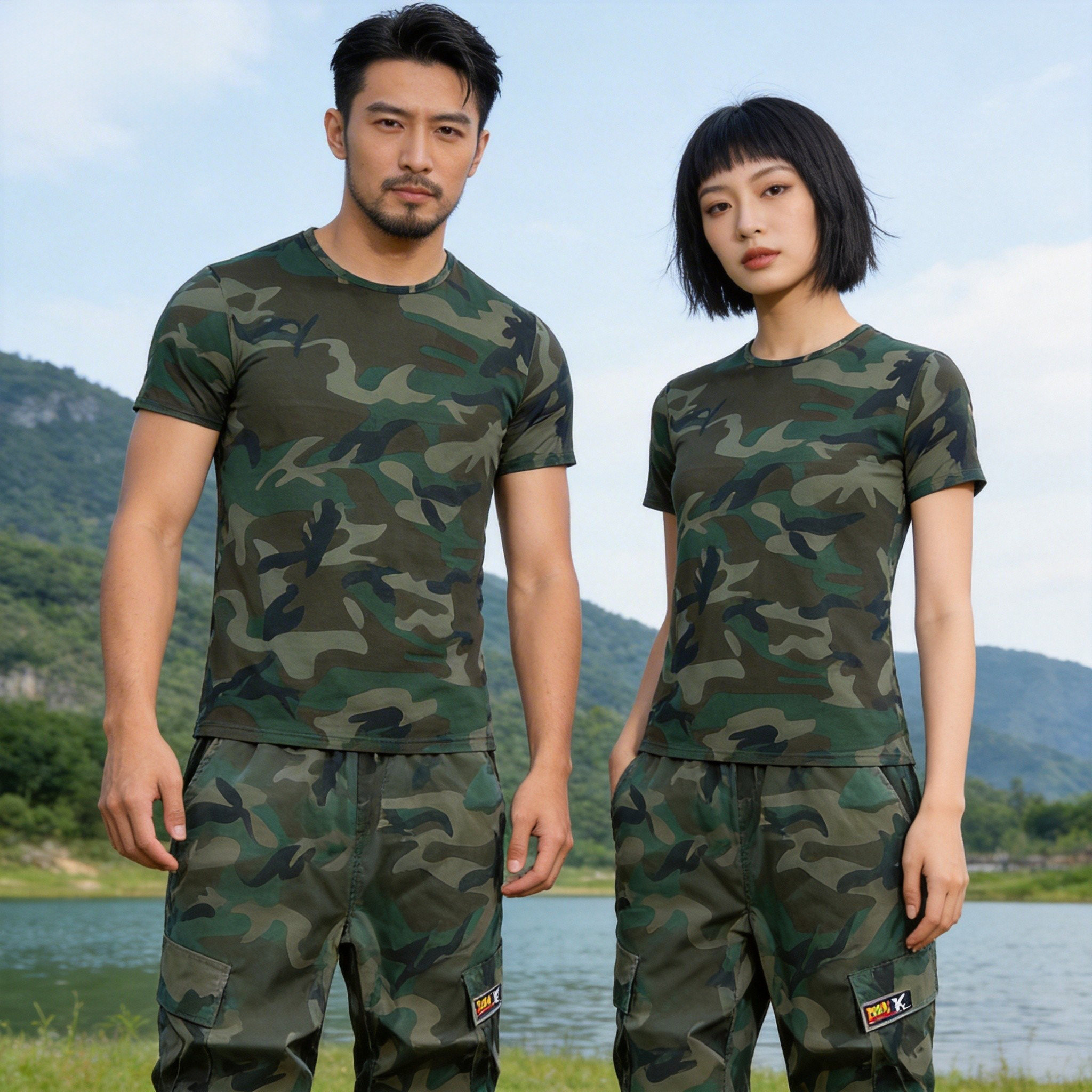 迷彩短袖T恤男女网眼弹力夏季休闲半袖迷彩服套装军训体能吸汗衫