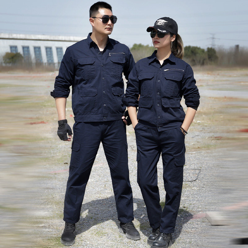 夏季工作服长袖作训套装男藏青军绿弹力棉棉衬衫工装女劳保服