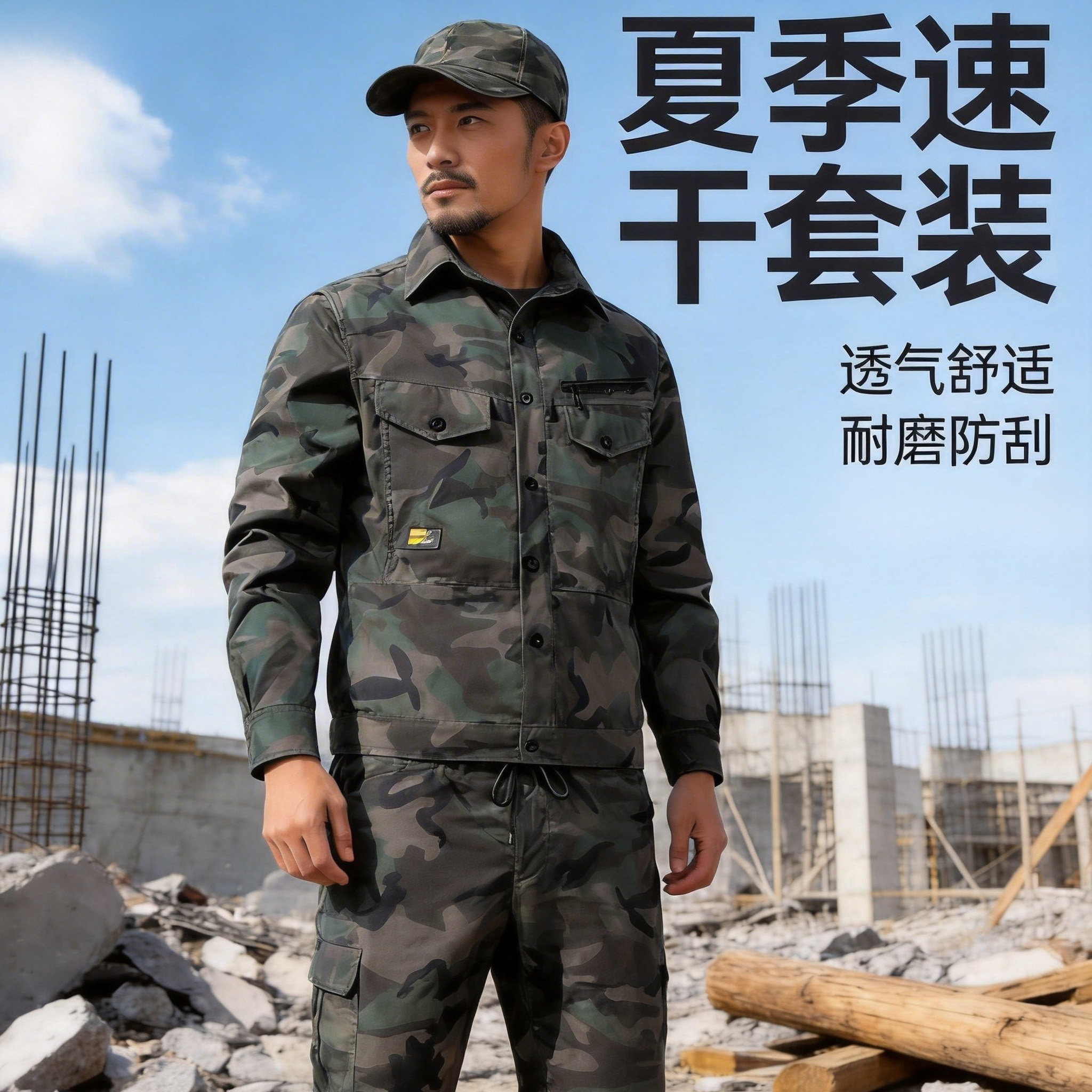 工作服套装男装速干户外长袖衬衣快干夏季薄款耐磨弹力网格迷彩服