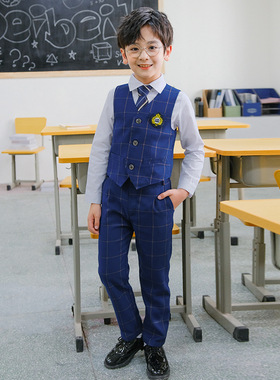 幼儿园秋款长袖马甲套装中小学生英伦学院风校服批发蓝色格子童装
