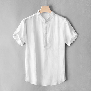 套衫 夏季 立领衬衣短袖 纯色 吸湿透气薄款 男修身 亚麻休闲衬衫 款