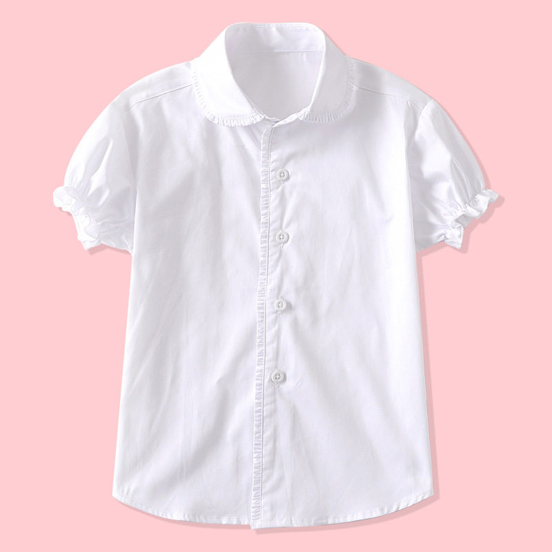 女童纯棉半袖白衬衫夏季小学生表演出校服大儿童白色短袖衬衣批发