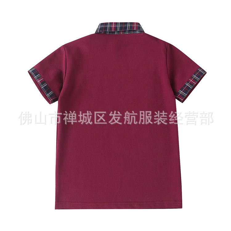 学生校服学院风英伦风园服班服夏装枣红格子领男女款短袖T恤上衣