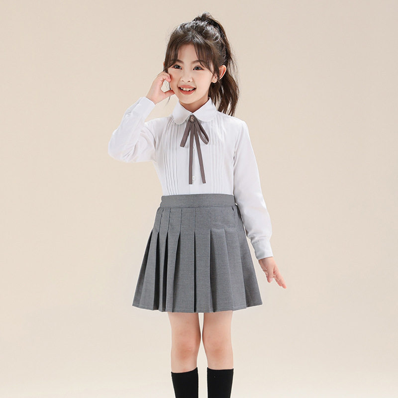 女童长袖白衬衫春秋圆领打底白色衬衣中大童六一演出服小学生校服