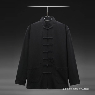 男纯棉上衣潮衬衣黑色灰绿 风春夏季 长袖 衬衫 复古盘扣唐装