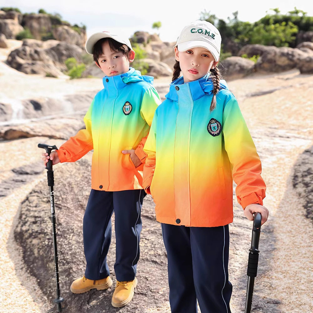 儿童户外登山服小学生校服幼儿园园服运动三件套彩虹套装冲锋衣