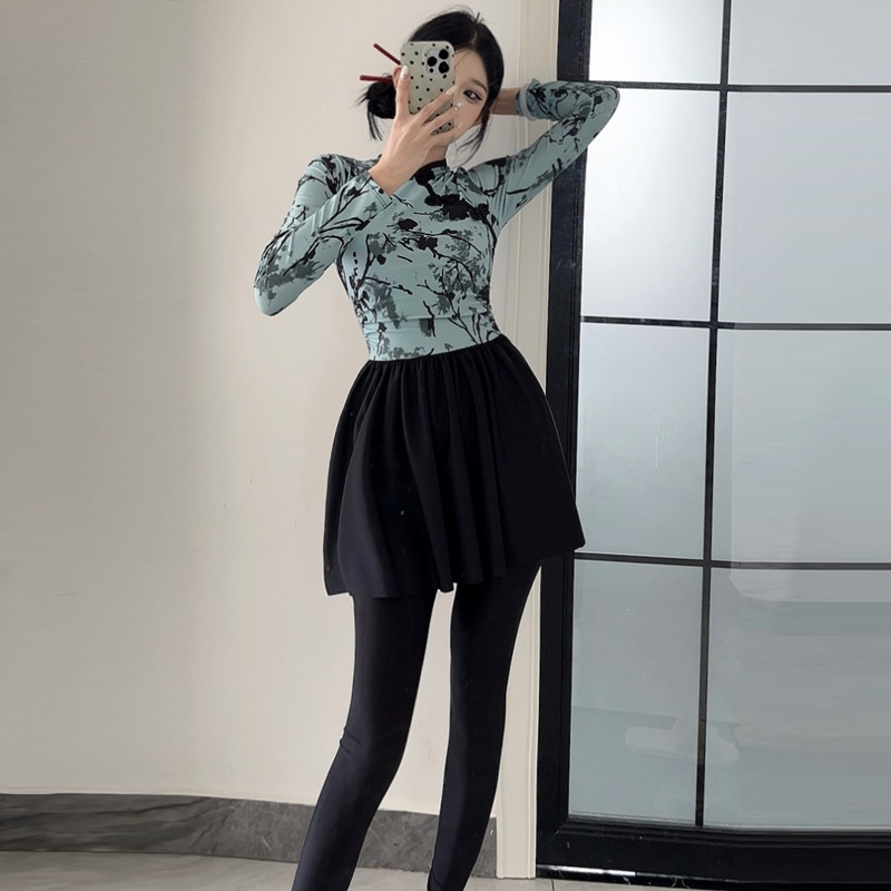 温泉中国风泳衣女潜水服长袖长裤显瘦遮肚保守钢托复古盘扣游泳