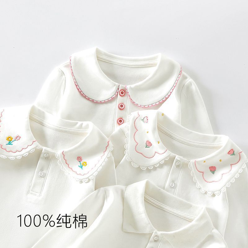 儿童纯色POLO翻领衬衫女童刺绣打底衫白色校服内搭配上衣纯棉透气