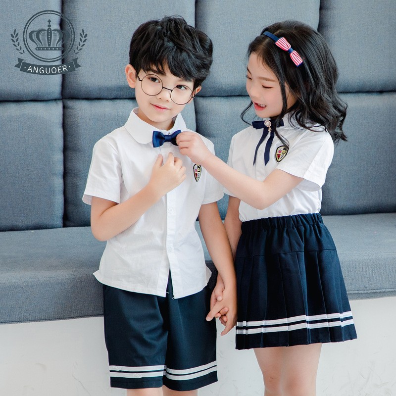 幼儿园园服夏装新款短袖衬衣套装儿童校服中学生小学生英伦风班服