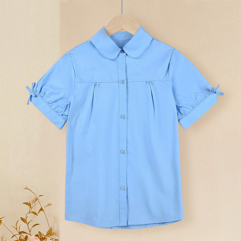 女童短袖衬衫小学生夏款校服儿童纯色夏季薄款白衬衣演出服百搭