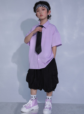 男童街舞潮服儿童衬衫套装嘻哈表演服紫色帅气酷少儿hiphop演出服