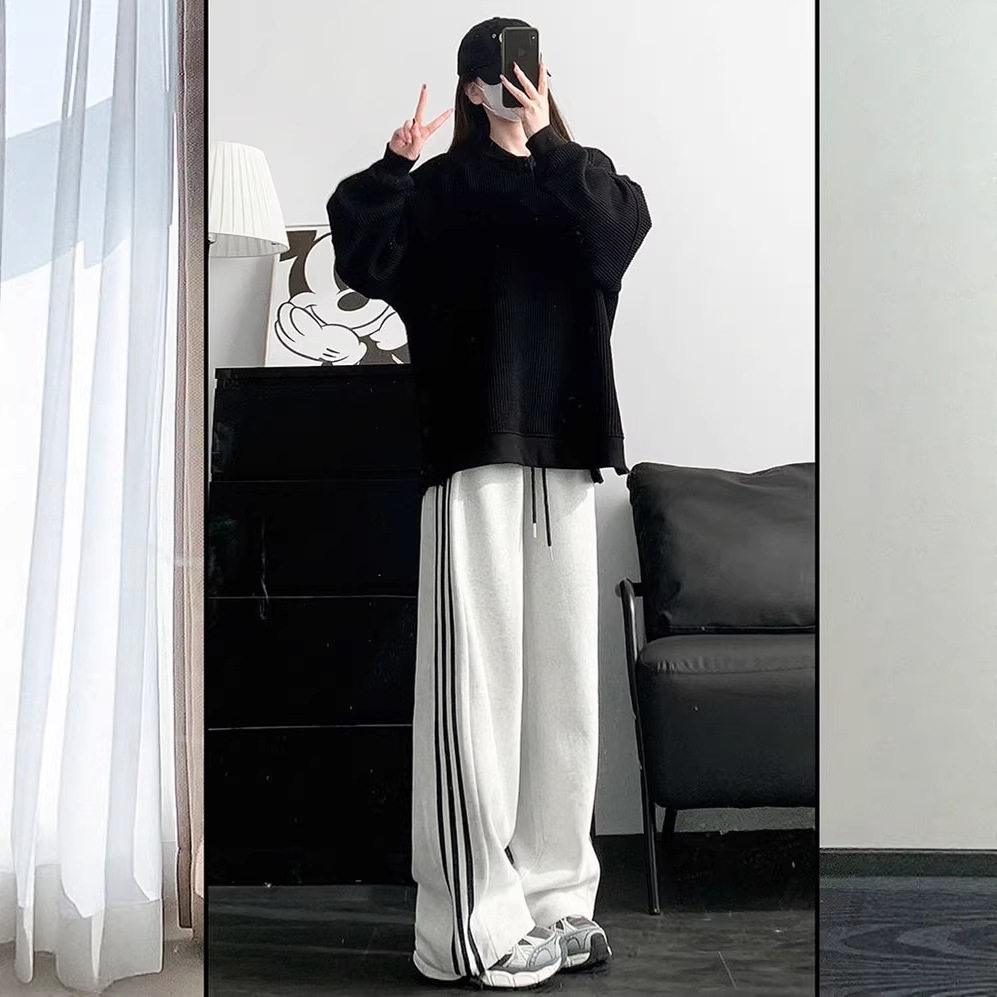 黑色条纹运动裤女春秋季直筒宽松卫裤三条杠初中生校服裤子阔腿裤