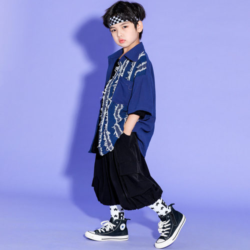 儿童短袖衬衫套装爵士舞蹈服男童帅气街舞套装少儿嘻哈走秀表演服