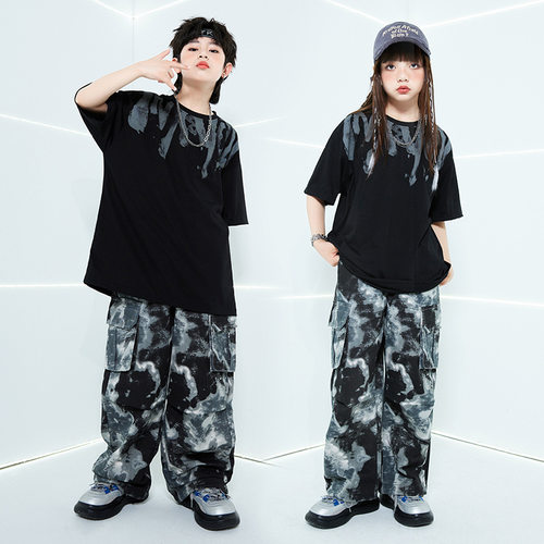 儿童街舞套装hiphop潮服潮牌T恤演出服男童嘻哈爵士女走秀表演 春