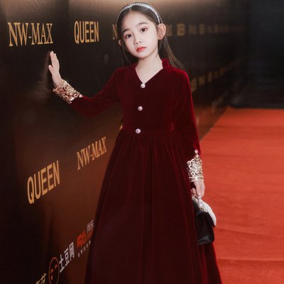 女童长袖礼服主持人儿童红色公主裙花童婚礼小女孩钢琴演出秋